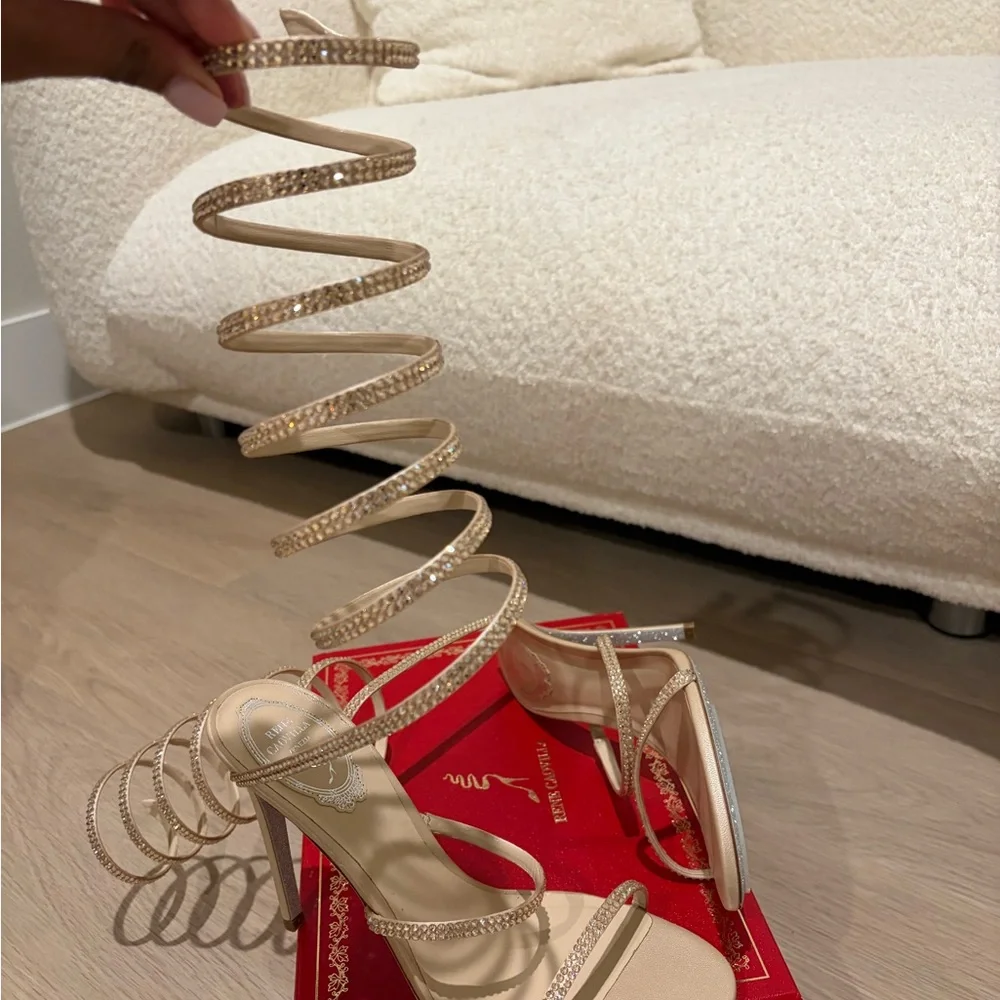Rene Caovilla SuperCleo Beige Satin/Gold Champagne Spiral Wrap Shadow Heels